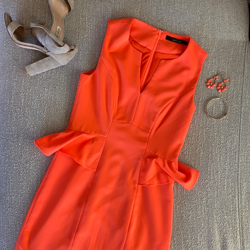 Orange cocktail dress. Worn at a summer wedding.